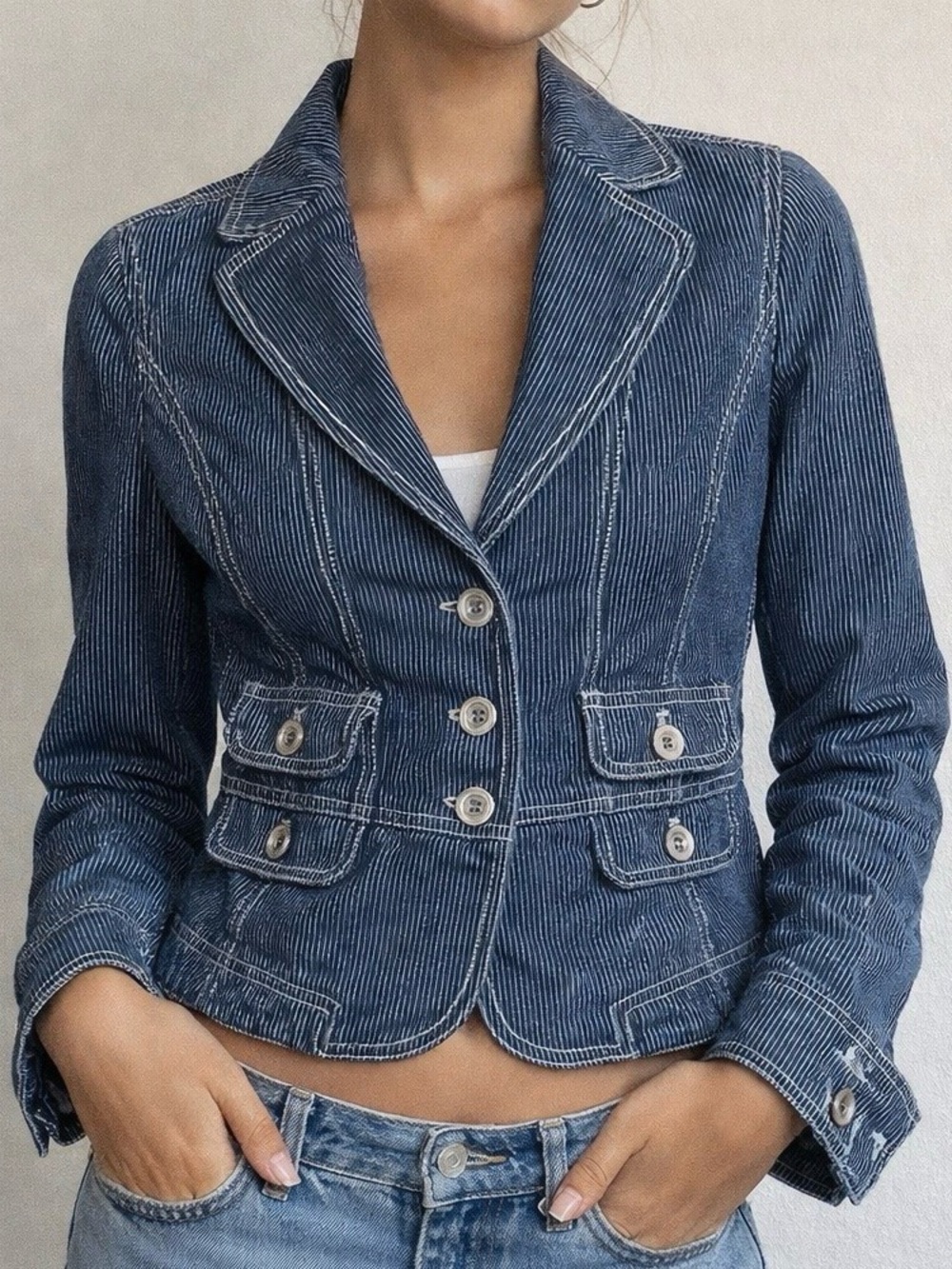 LOFT Denim Blazer Jacket Size 2 Pinstripe Fitted Jean Jacket Festival Y2K